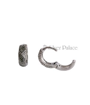 92.5 Oxidised Silver Two Side Designed Hoop Earrings - Silver Palace