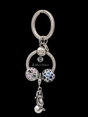 925 Oxidised Silver Pandora Design Key Chain With Blue And Pink