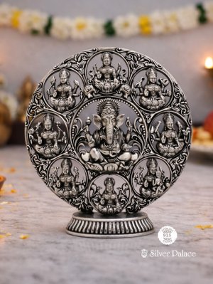 92.5 Oxidised Silver Ganesh With Astalakshmi Idol For Pooja