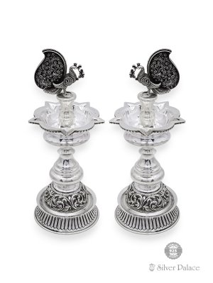 925 Oxidised Silver Peacock Motif Kuthu Vilakku For Pooja - Silver