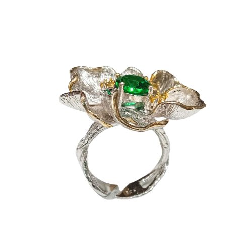 92.5 SILVER ADJUSTABLE FASHION EMERALD COLOR GREEN STONE STUDDED COCKTAIL RING FOR WOMEN