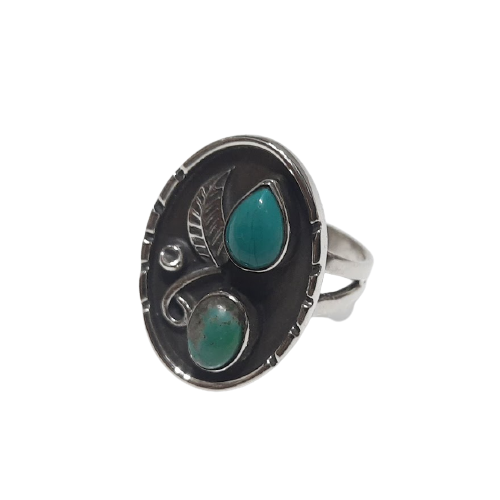 925 OXIDISED SILVER DUAL TURQUOISE LEAF RING FOR WOMEN 
