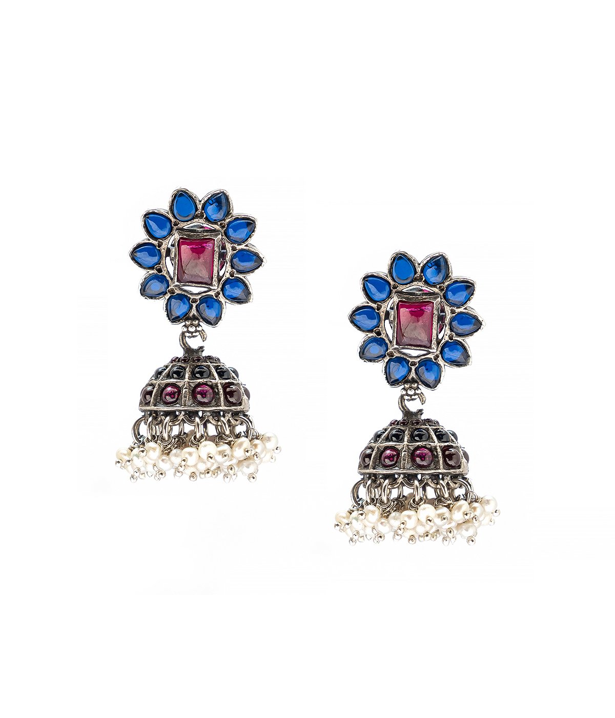 Oxidised Silver Blue Pink Stone Studded Jhumkas - Silver Palace