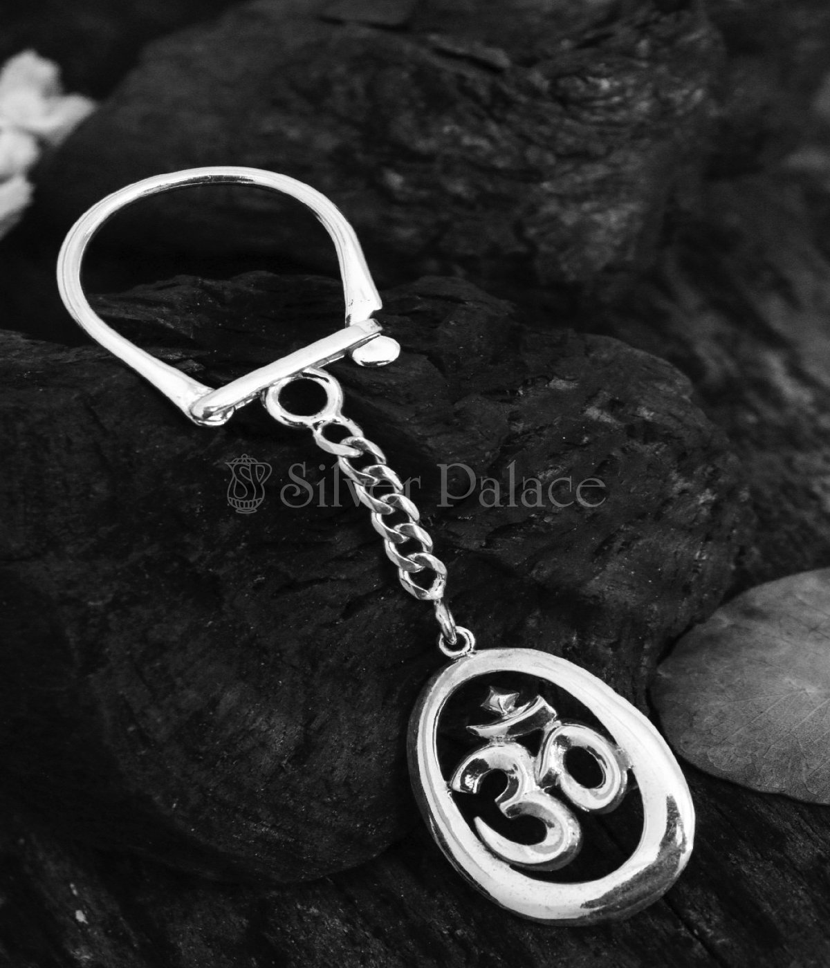 Silver Om Design Keychain Oval Shaped For Men - Silver Palace