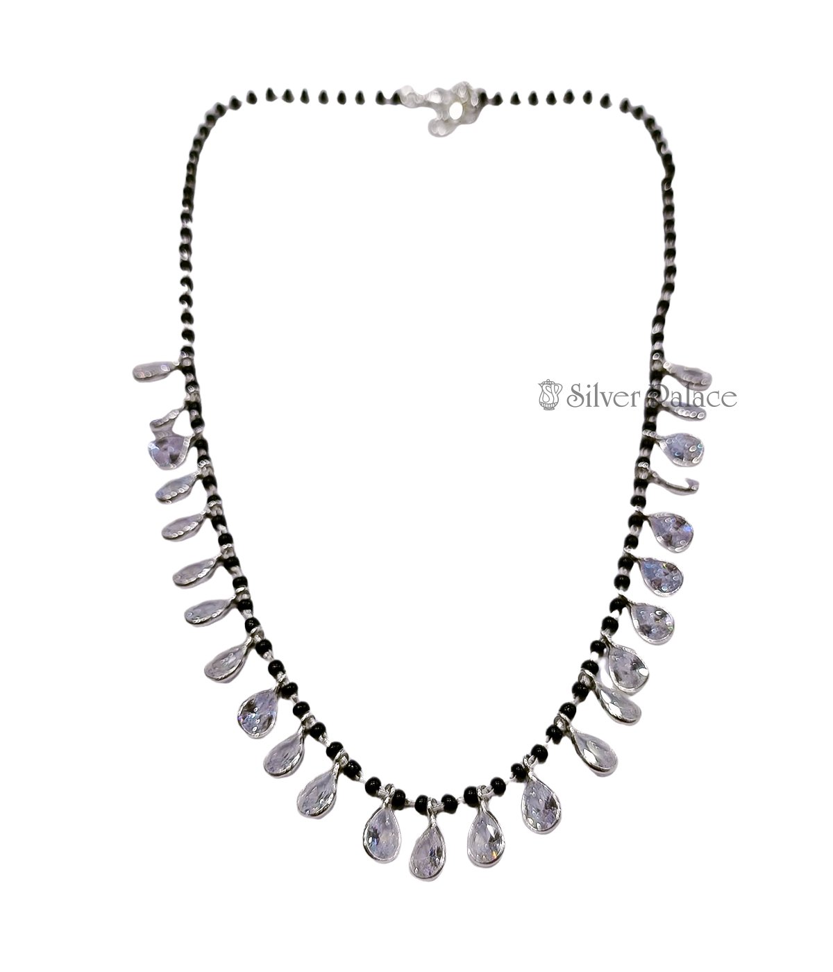 Sterling Silver Black Beaded Chain With Diamond Pendant Necklace