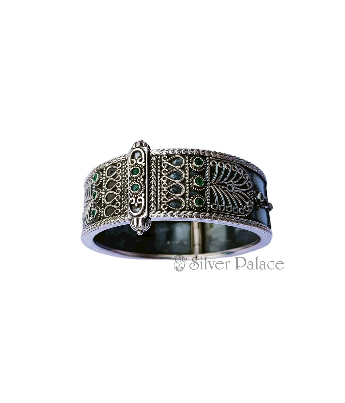 White - Antique Finish Oxidised German Silver Stone Bangle / Kada (Adjustable)