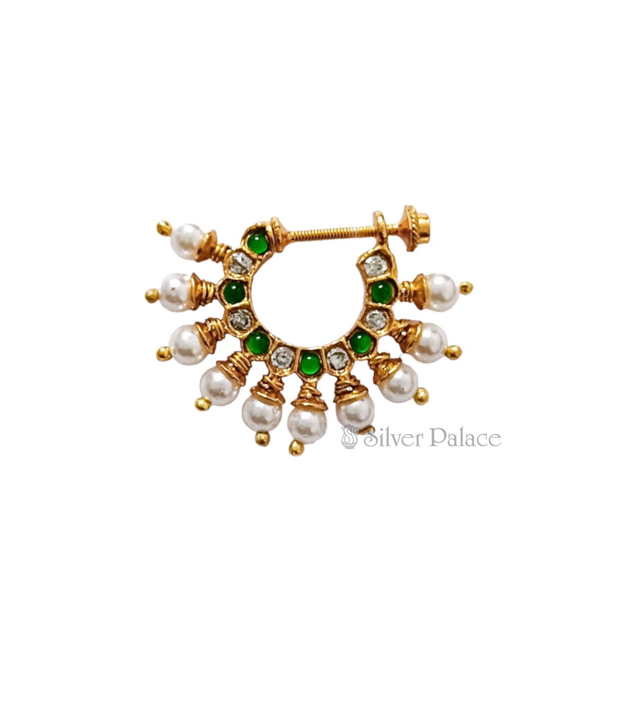 92.5 GOLD POLISHED GREEN STONE STUDED NOSE RING