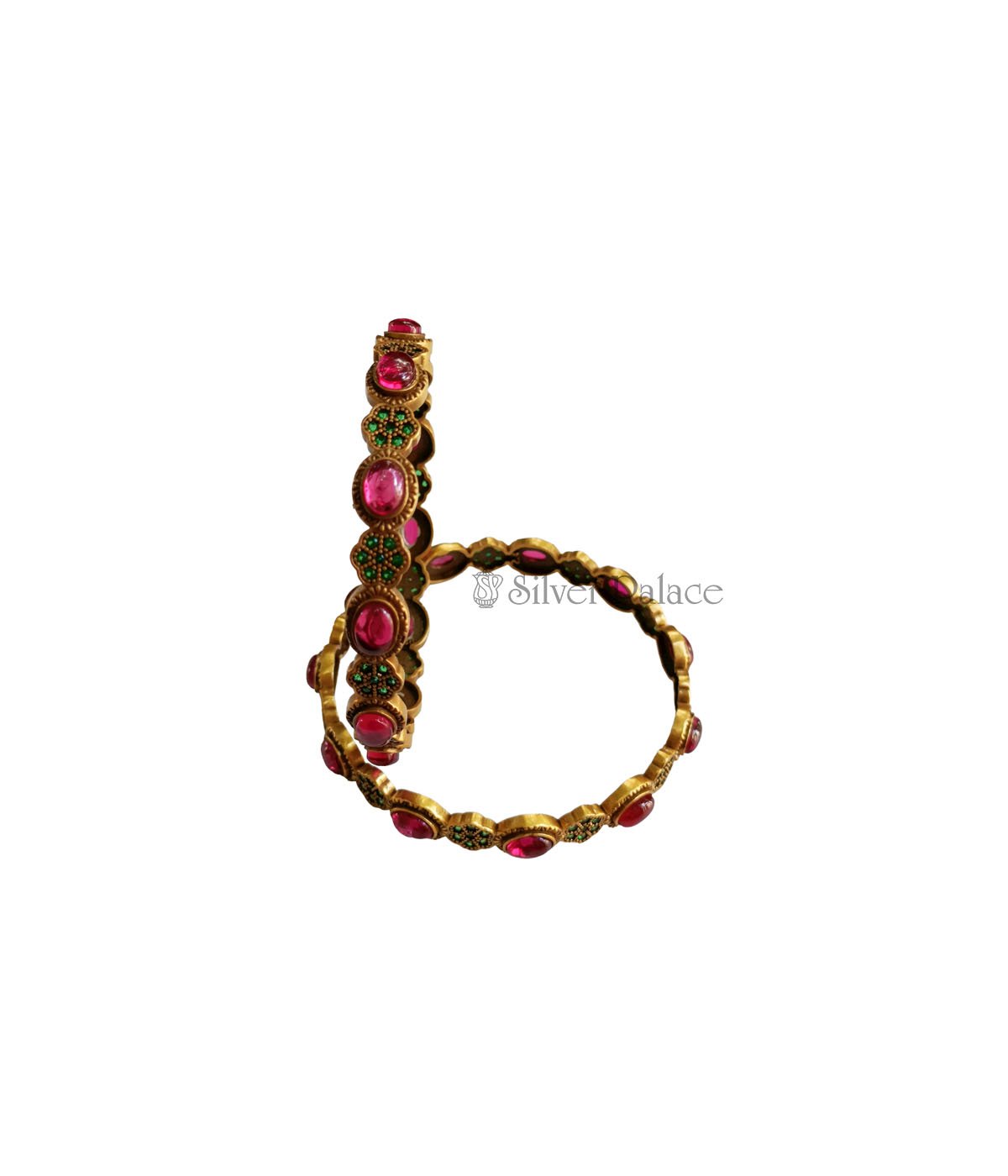 92.5 GOLD POLISH PINK AND GREEN SPINEL STONE BANGLE