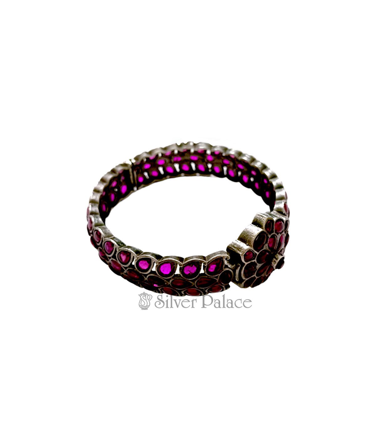 Oxidised Silver Ruby Studed Adjustable Kada - Silver Palace