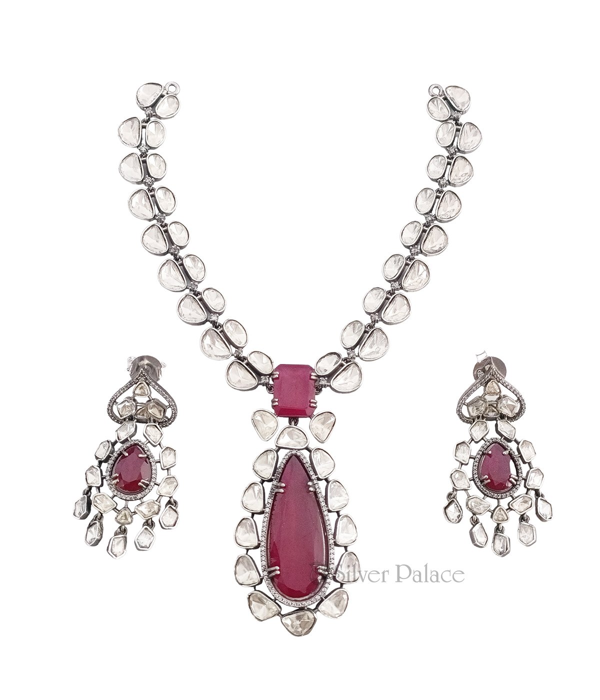 SILVER PINK PENDANT STONE NECKLACE WITH EARRINGS