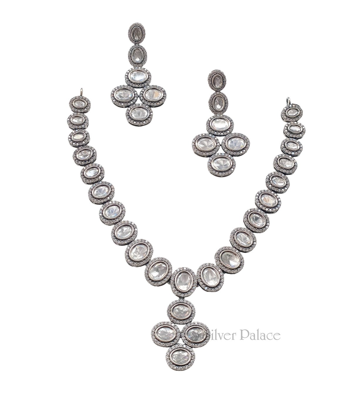 POLKI UNCUT STONES SILVER NECKLACE WITH EARRINGS