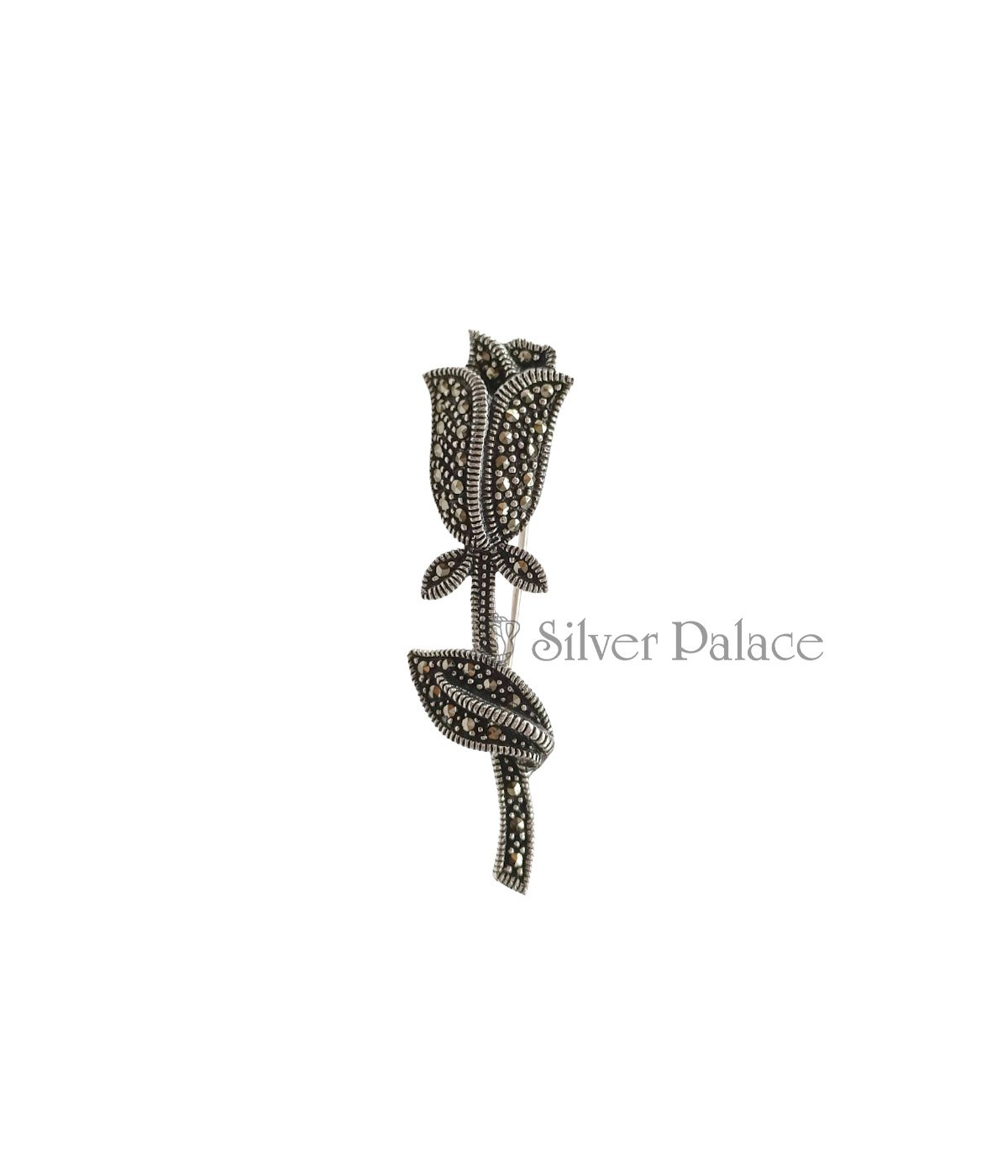 OXIDISED SILVER ROSE SAREE PIN  BROACH MARCASITE STUDDED