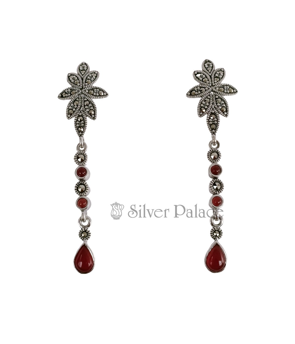OXIDISED SILVER FLORAL DESIGN DROP EARRING  MARCASITE