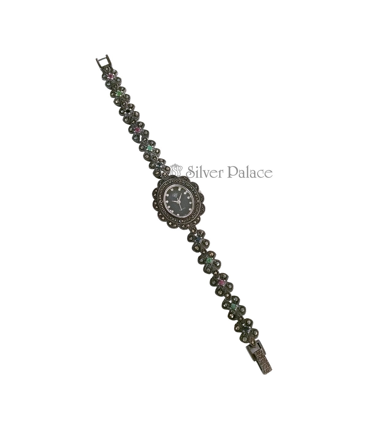 OXIDISED SILVER MARCASITE PINK GREEN STONE WATCHES