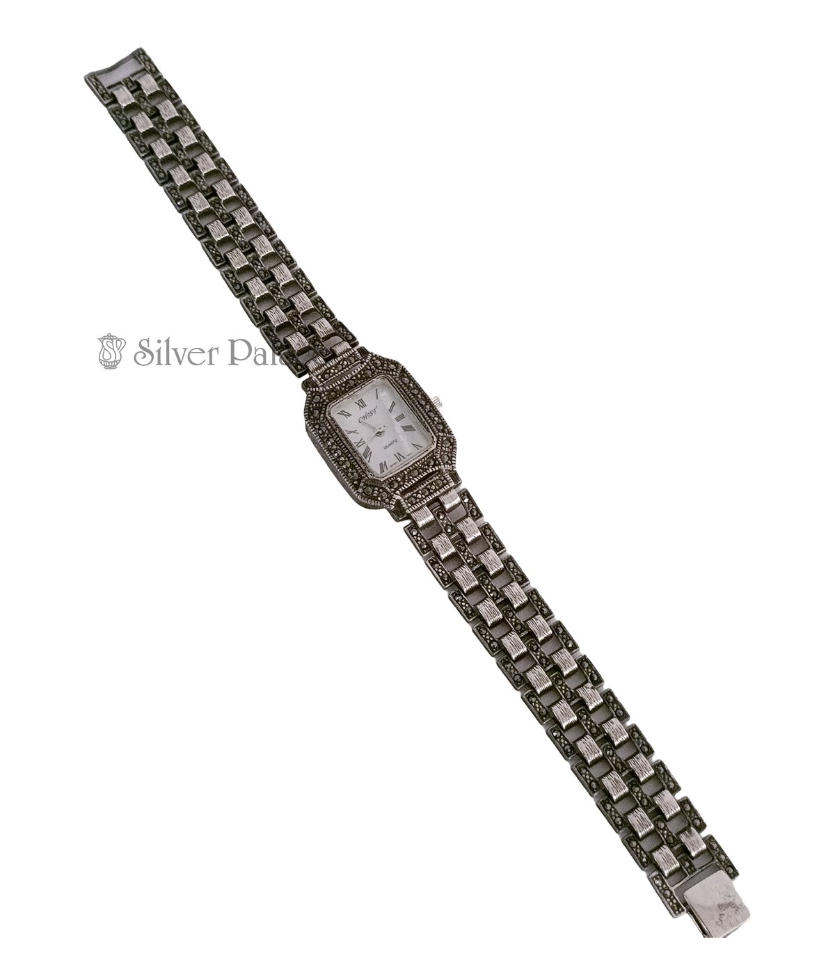 OXIDISED SILVER MARCASITE STONE WATCH 92.5 PURITY