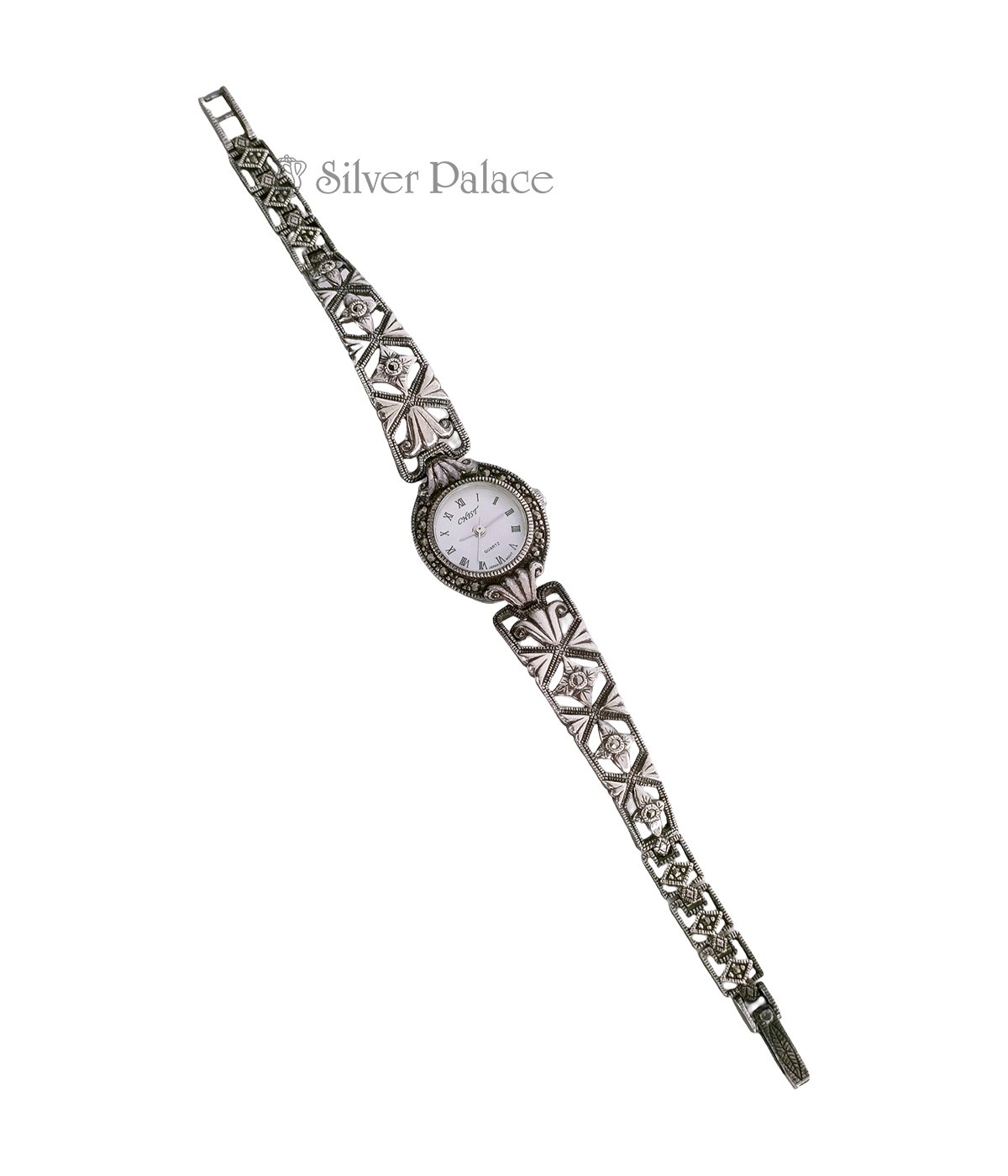 OXIDISED SILVER FLORAL DESIGN WATCHES FOR GIRLS 92.5 PURITY MARCASITE