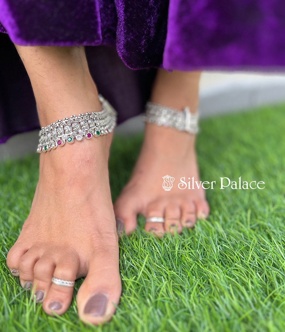 PURE SILVER BRIDAL ROUND STONES ANKLETS STONE STUDDED