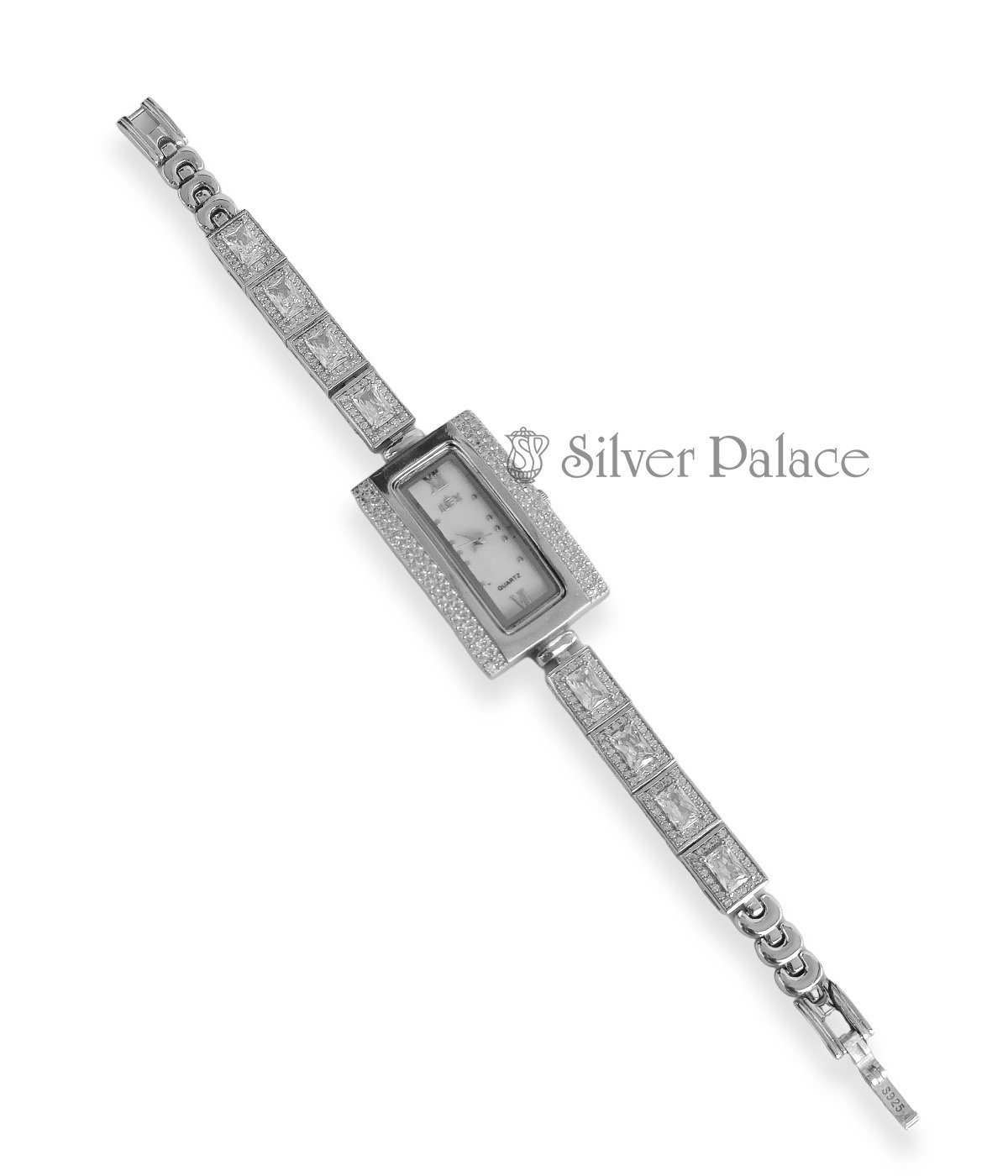 92.5 STERLING SILVER RECTANGULAR DIAL STONE STUDED ADJUSTABLE STRAP WATCH