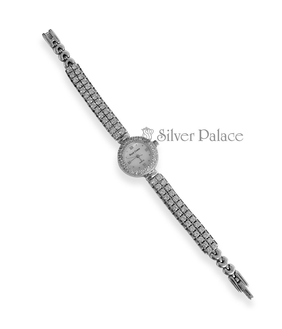 SILVER DOUBLE ROW DIAMOND STONE WATCHES FOR GIRLS