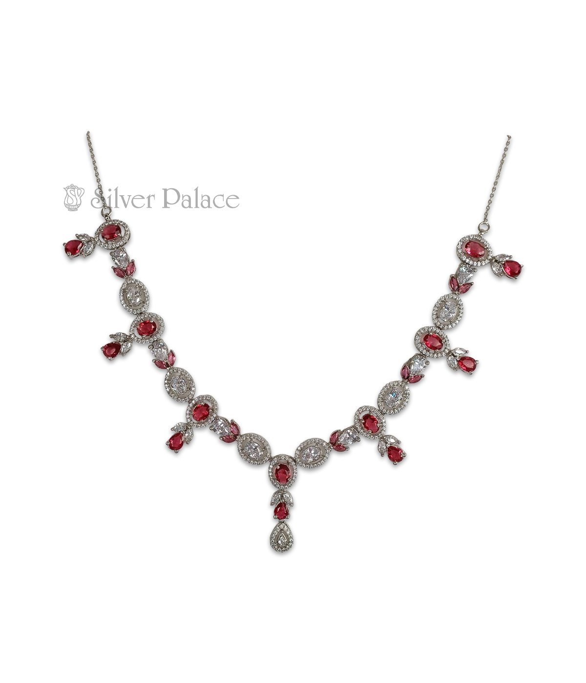 STERLING SILVER RED STONE ZIRCON NECKLACE FOR BRIDE WITH STUDS