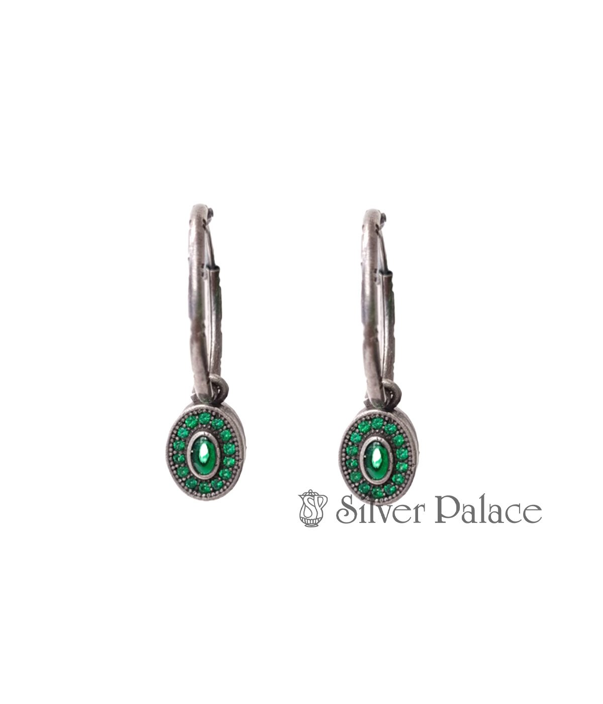 92.5 SILVER GREEN HOOPS EARRINGS WITH GREEN REMOVABLE PENDANT