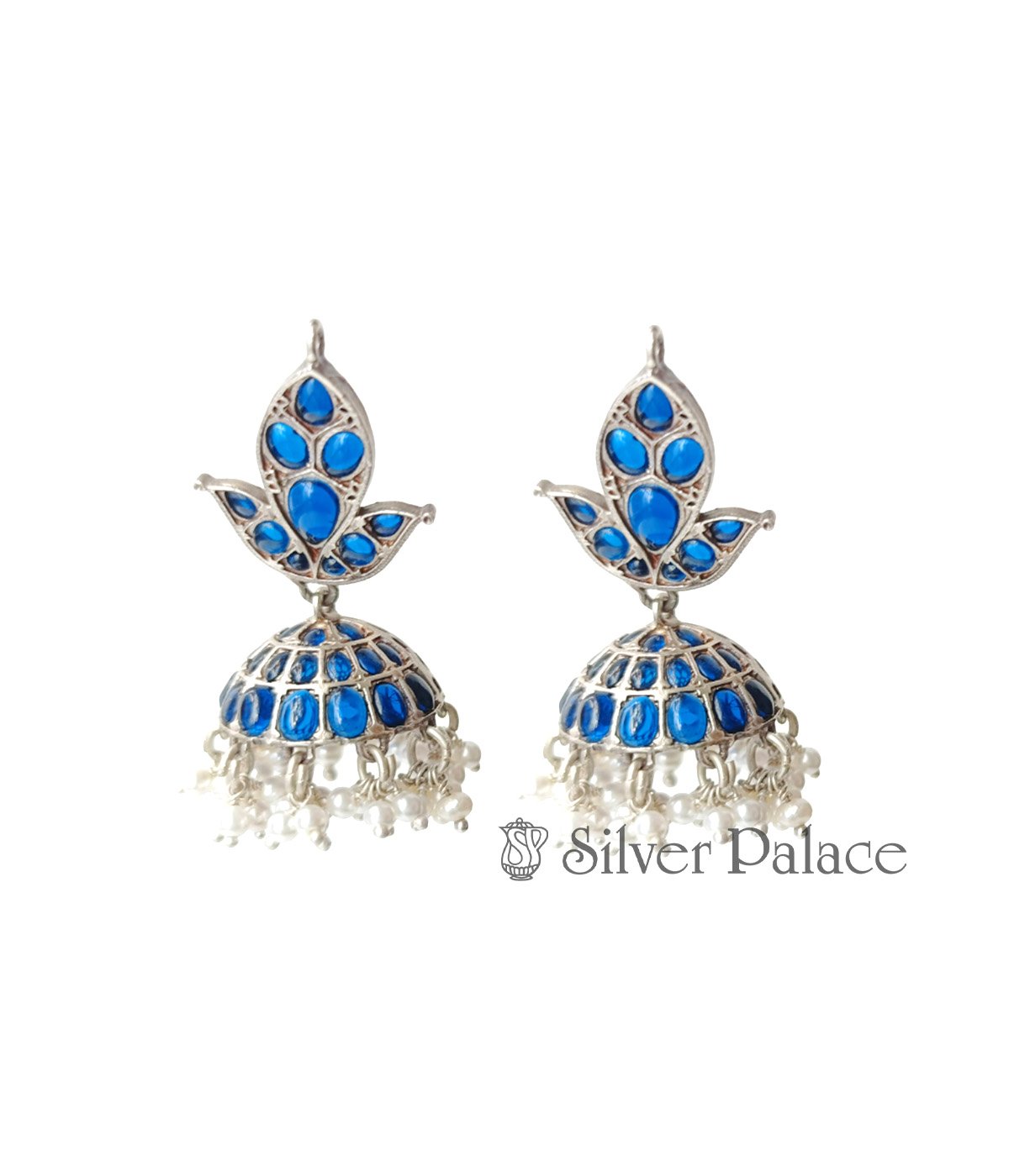 SILVER BLUE STONE FLORAL JHUMKIS WITH PEARLS
