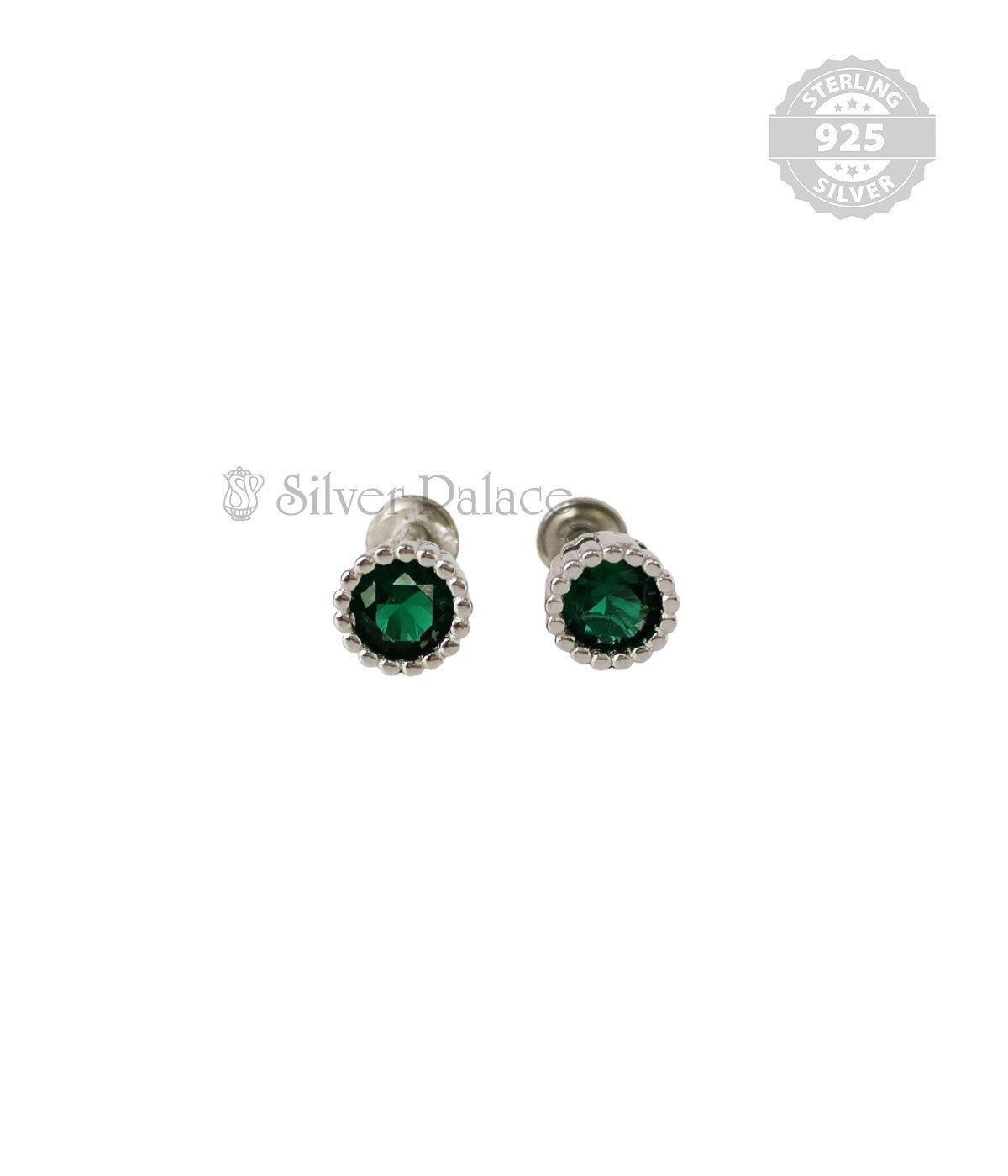 92.5 STERLING SILVER ROUND SHAPE SOLITAIRE EMERALD STUD