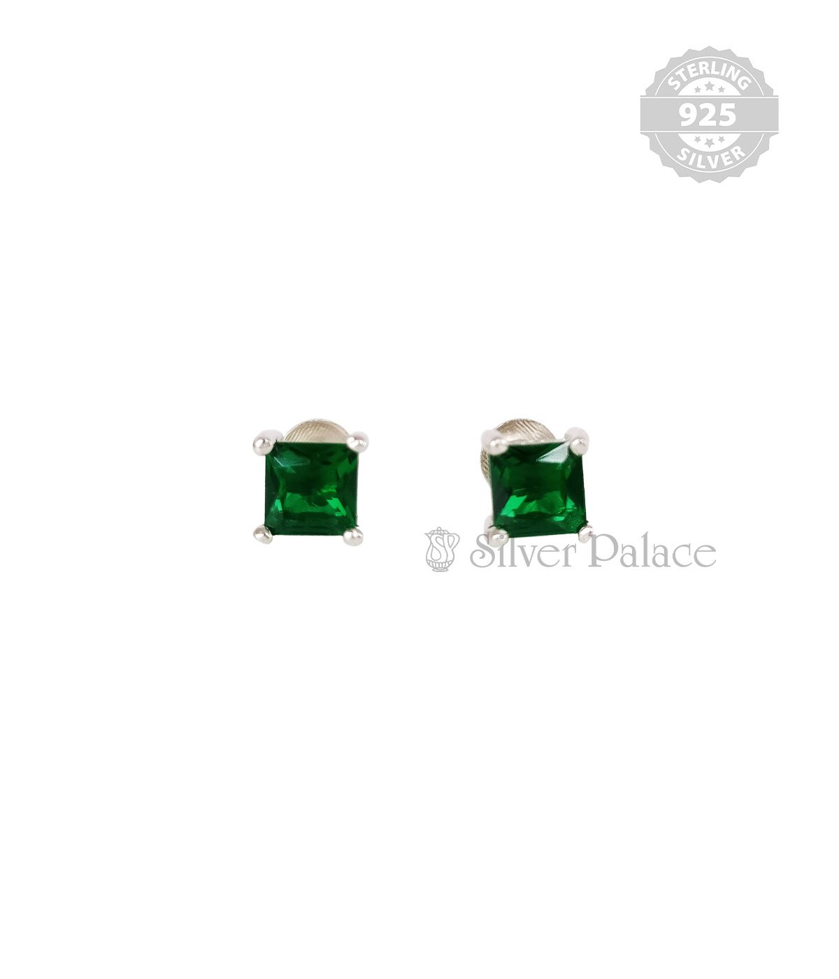 92.5 STERLING SILVER SQUARE SOLITAIRE EMERALD STUD 