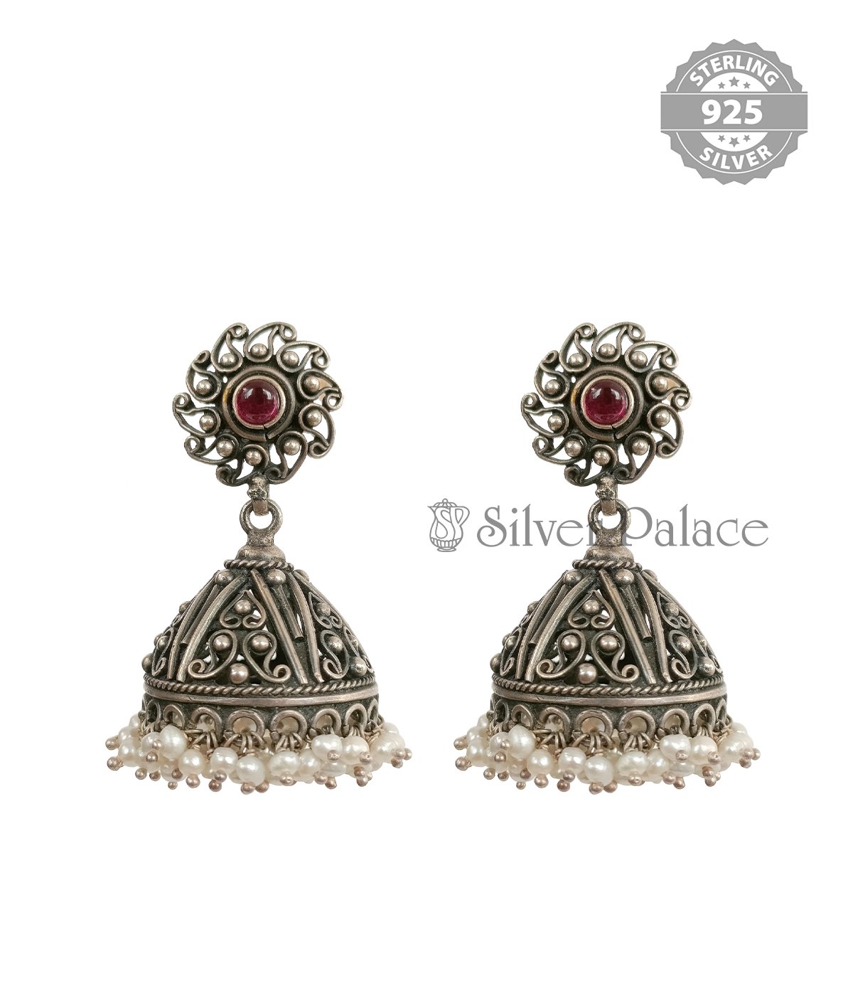 92.5 STERLING SILVER  JHUMKAS With Red Stones FOR GIRLS