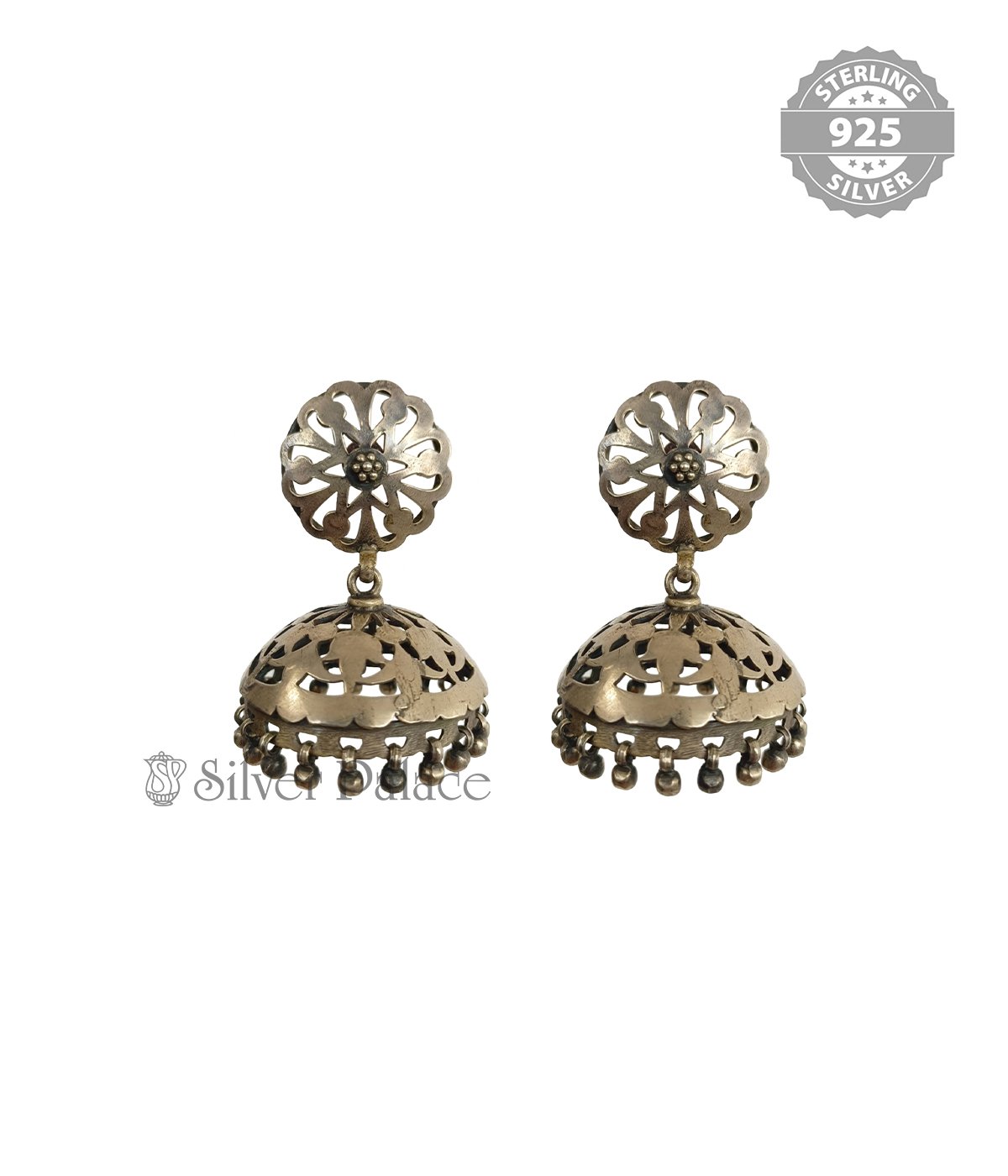 92.5 STERLING OXIDISED SILVER PLAIN CUTWORK TRAITIONAL TYPICAL JHUMKAS FOR GIRLS