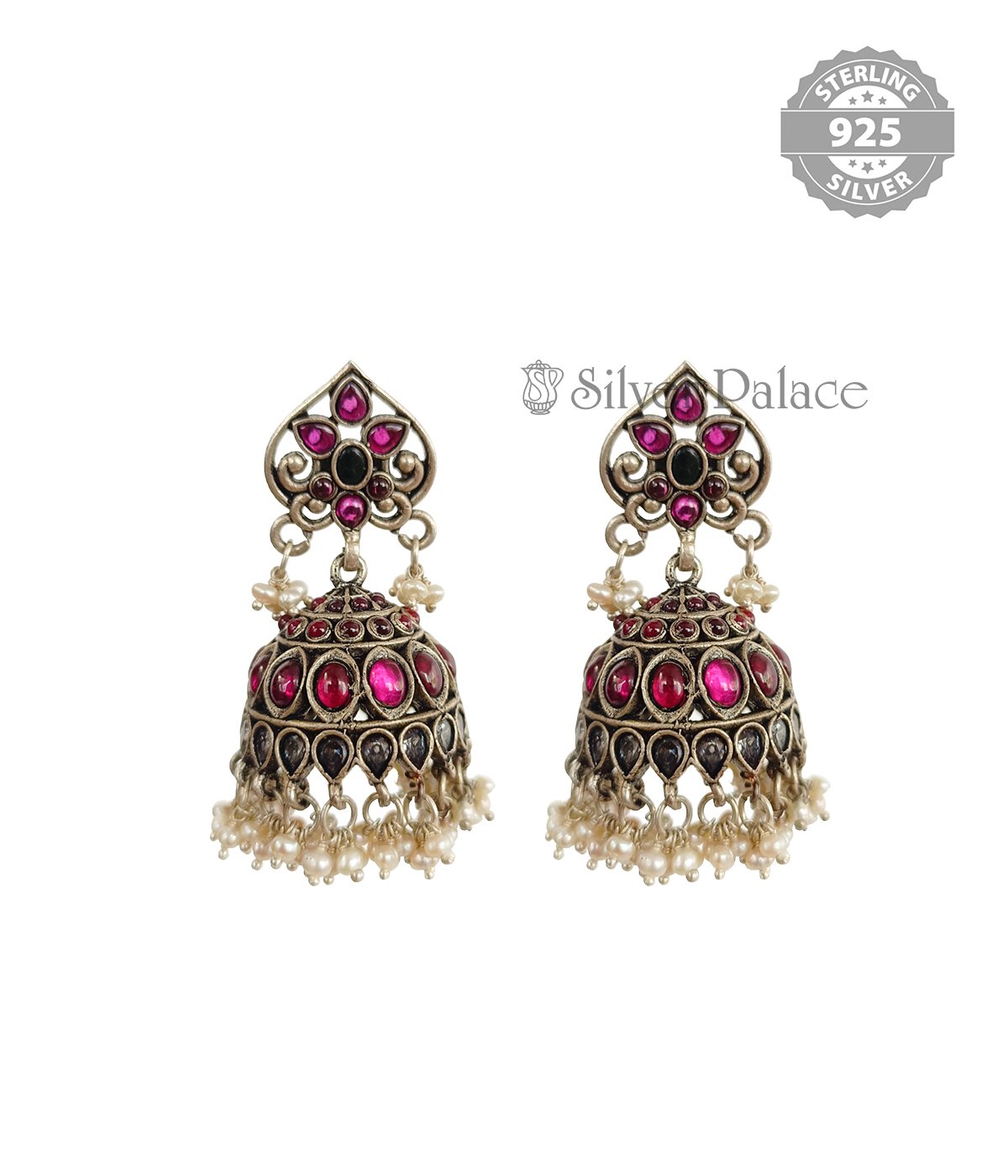 92.5 STERLING SILVER  PINK STONE STUDED JHUMKAS