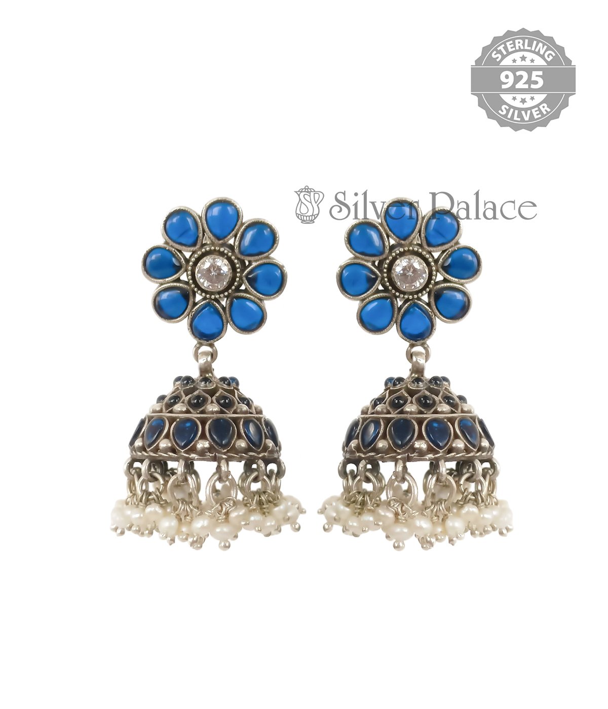 92.5 STERLING SILVER BLUE STONE JHUMKAS WITH PEARL HANGING SUITS PUSALU COLLECTIONS