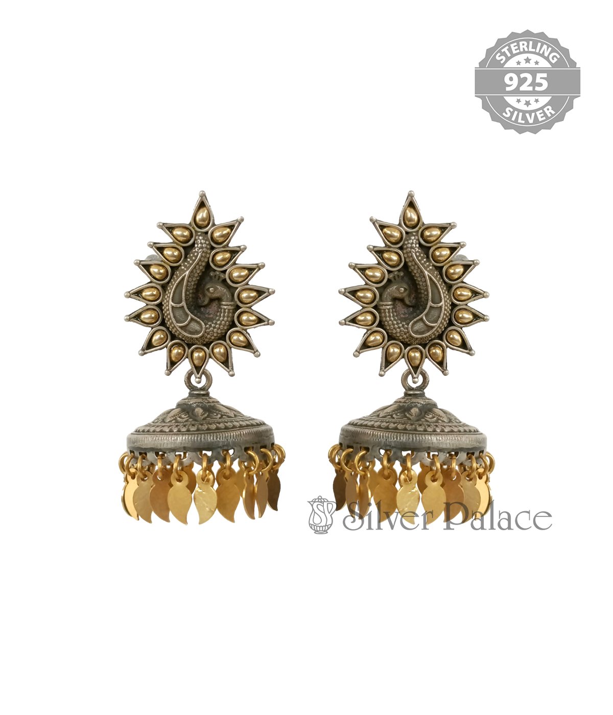 92.5 STERLING SILVER PEACOCK YELLOW DANGLE TWO TONE JHUMKAS
