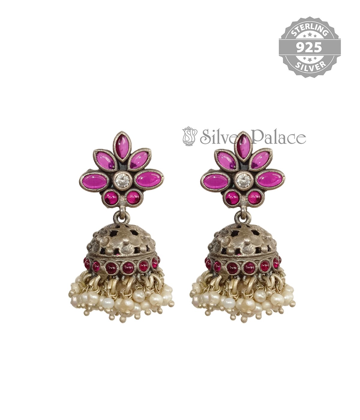 92.5 STERLING SILVER PINK STONE FLORAL JHUMKAS FOR KIDS
