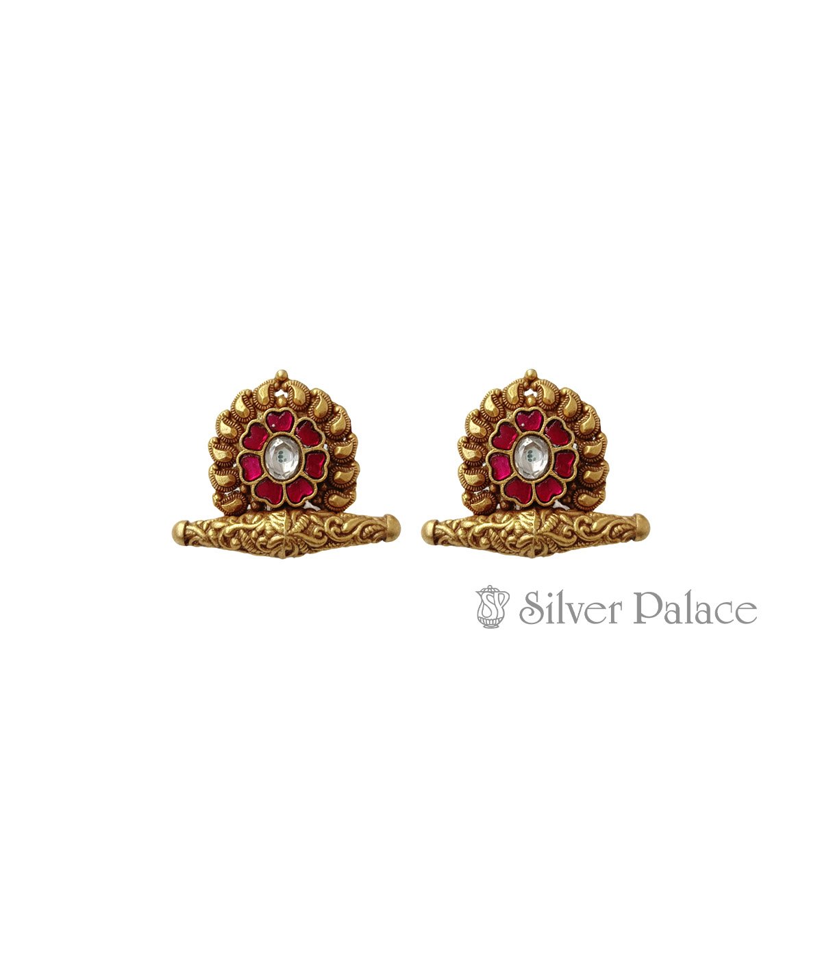92.5 GOLD POLISHED RED STONE FLORAL DESIGN EARRINGS