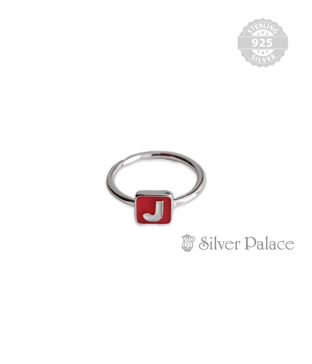 92.5 STERLING SILVER RED ENAMEL COATED ENGLISH ALPHABET J INITIAL KIDS RING