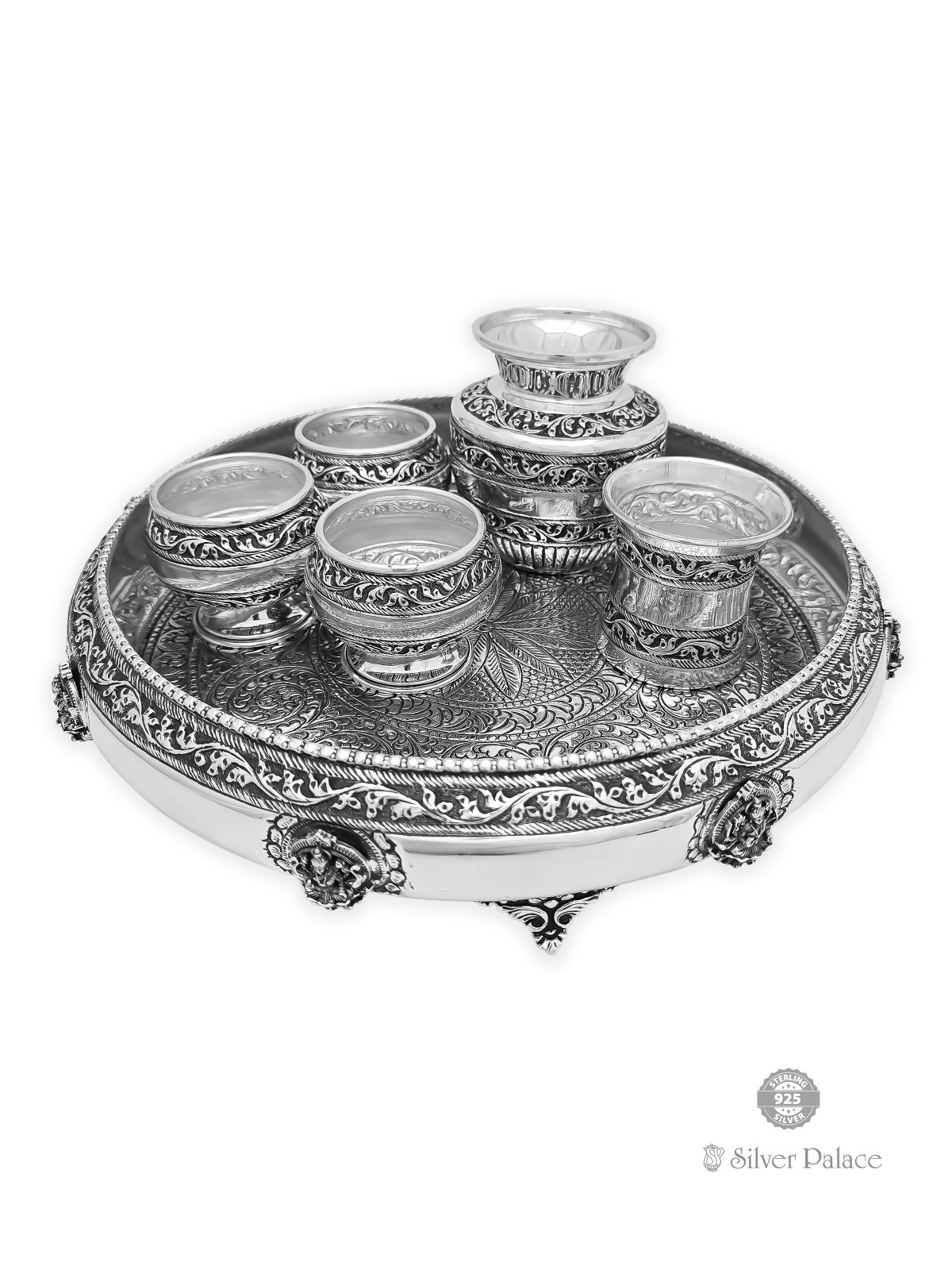 925 Oxidised Silver Astalakshmi Motif With Floral Design Plate Set