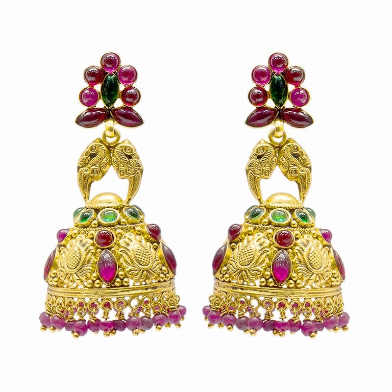   GOLD POLISHED JHUMKI  RED AND GREEN BEADS FOR PRINCESS