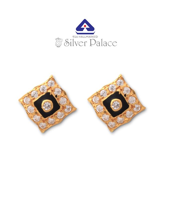 916 Gold Kanche Collection Black enamel CZ Stone Studded Earrings for Women 