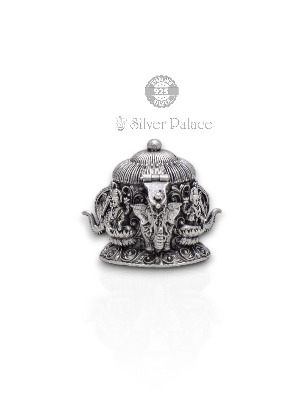 92.5 PURE SILVER GAJALAKHSMI ELEPHANT MOTIF KUMKUM BOX