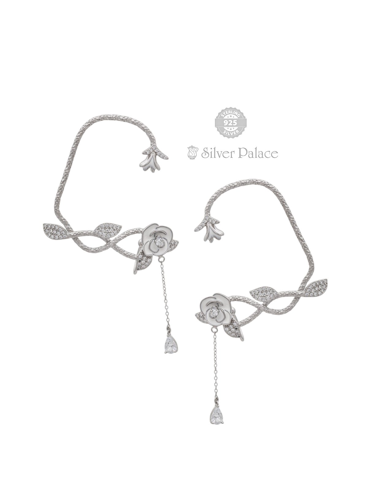  925 SILVER ROSE DESIGN EARING WITH HANGING WHITE STONE PUYA COLLECTION 