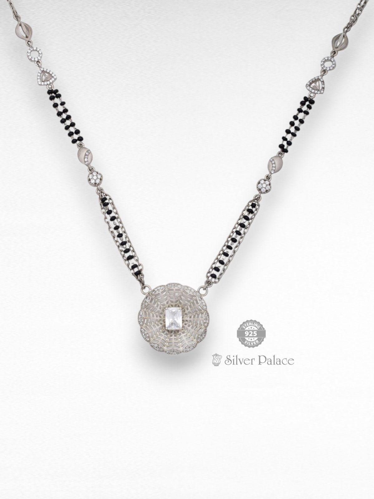 925 SILVER FLORAL DESIGN WITH WHITE STONE PENDANT MANGALSUTRA FOR WOMEN 