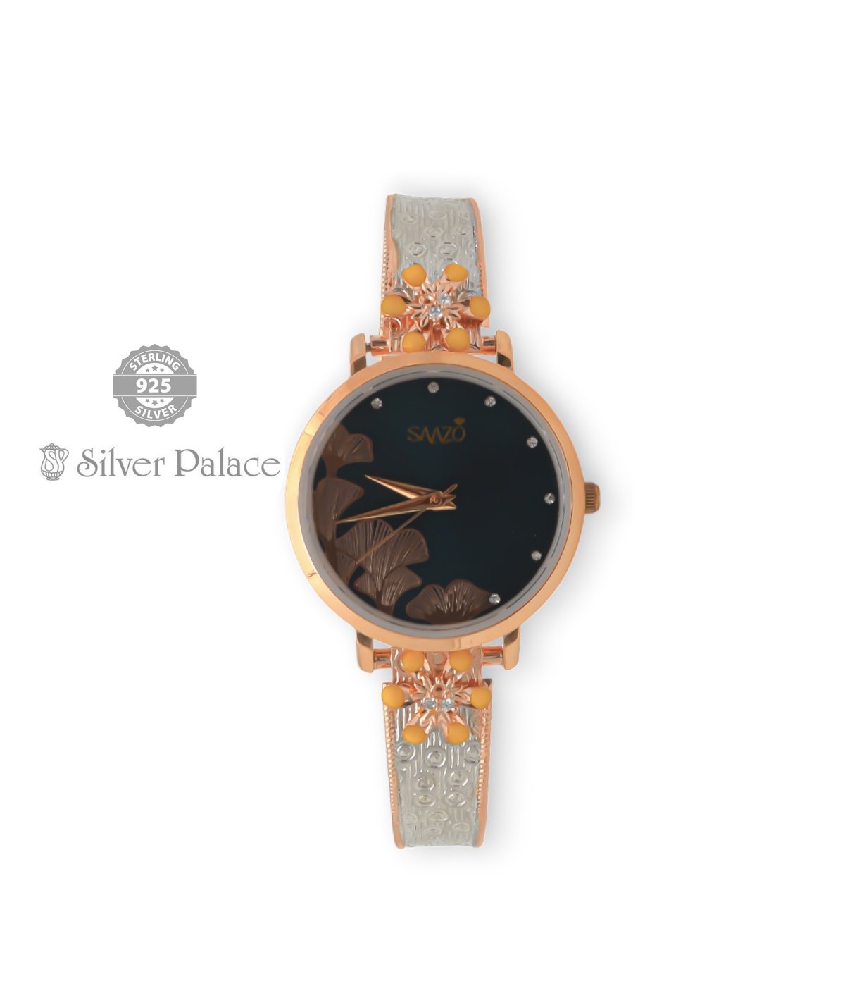 Sheya Collections 92.5 Silver With Rose Gold & Flower Design Green Color Dial Girls Watch For Girls
