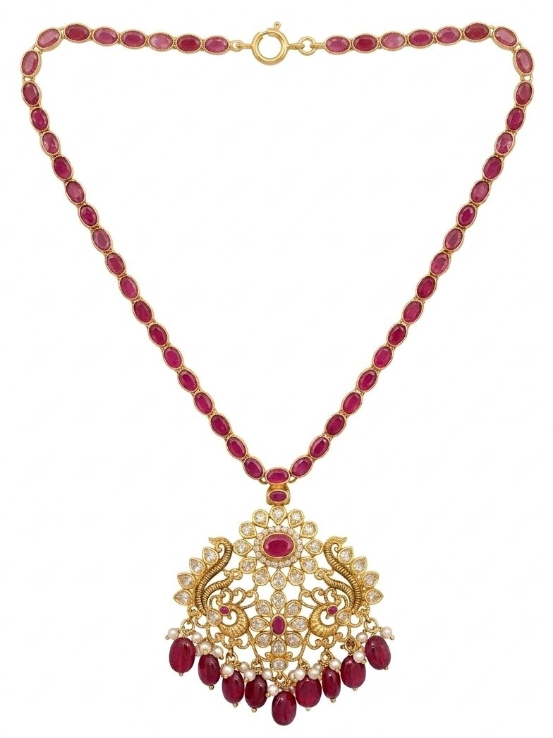 RUBY STUDED GOLD POLISH DOUBLE SIDE PEACOCK HARAM