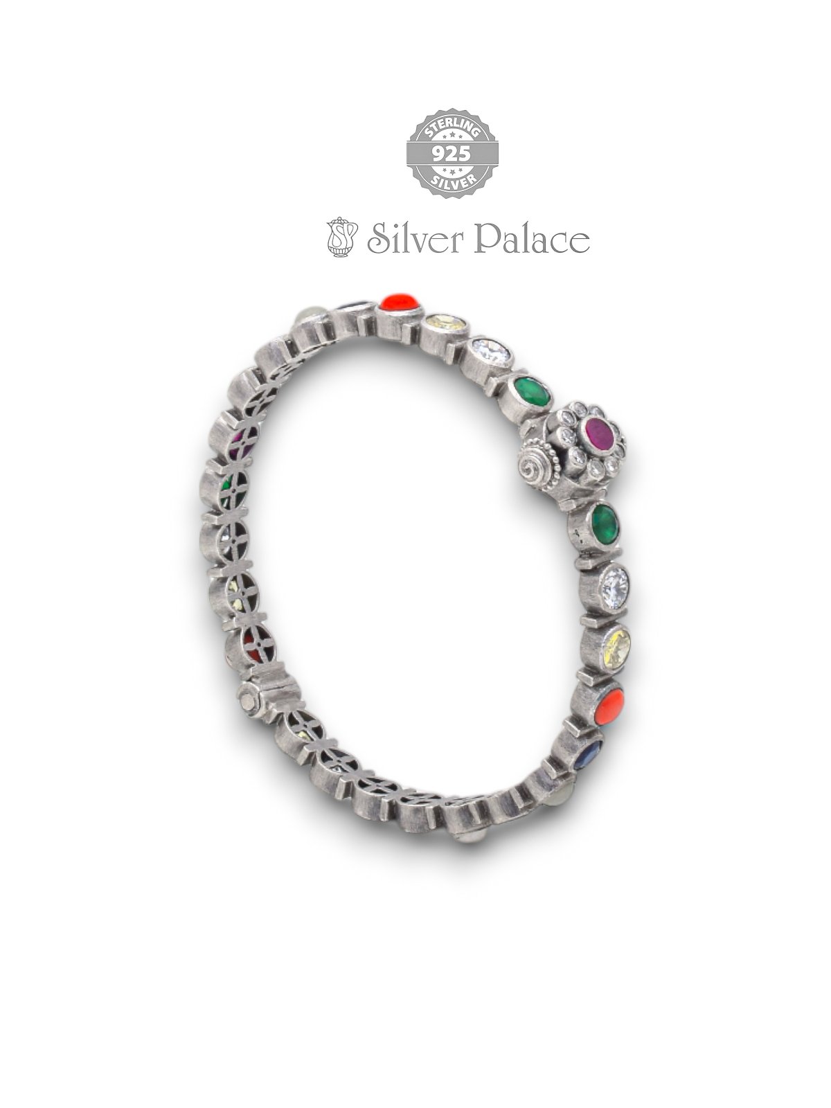 925 STERLING SILVER MANNJ COLLECTION MULTICOLOUR NAVRATHNA STONE BANGLES SINGLE FOR WOMEN