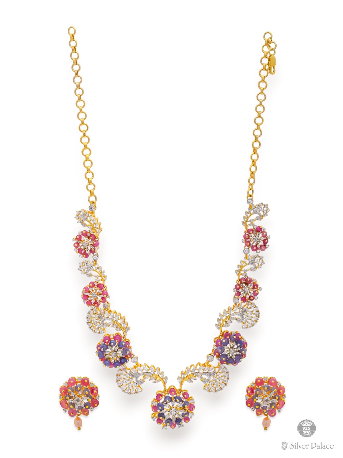 925 SILVER GOLD POLISHED FLORAL DESIGN EARRING & NECKLACE SET FOR GIRLS ANITE COLLECTION 