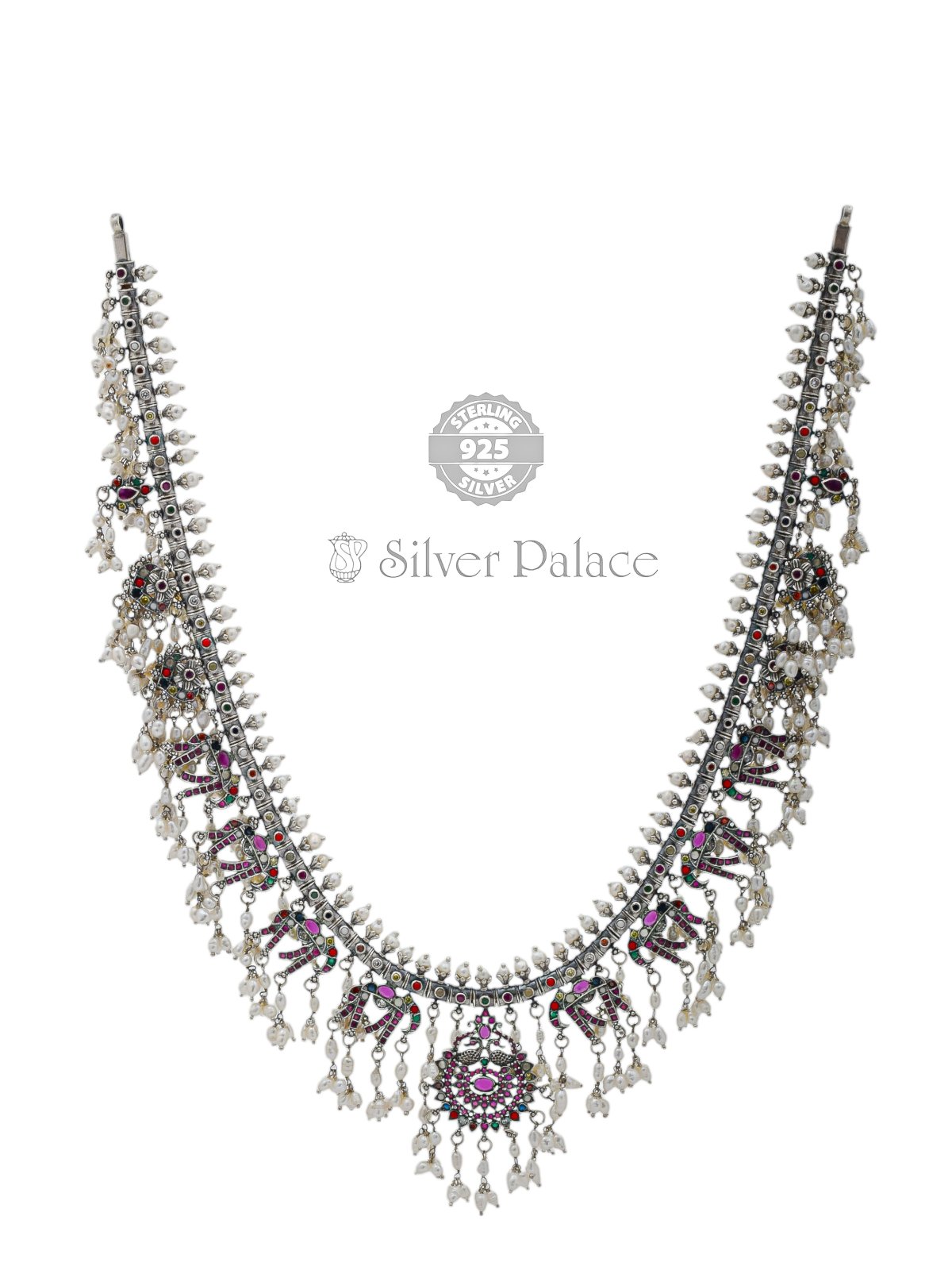 925 SILVER PARTY WEAR NECKLACE ELEPHANT HANGING WITH COLOUR FULL STONES MANJJ COLLECTION 