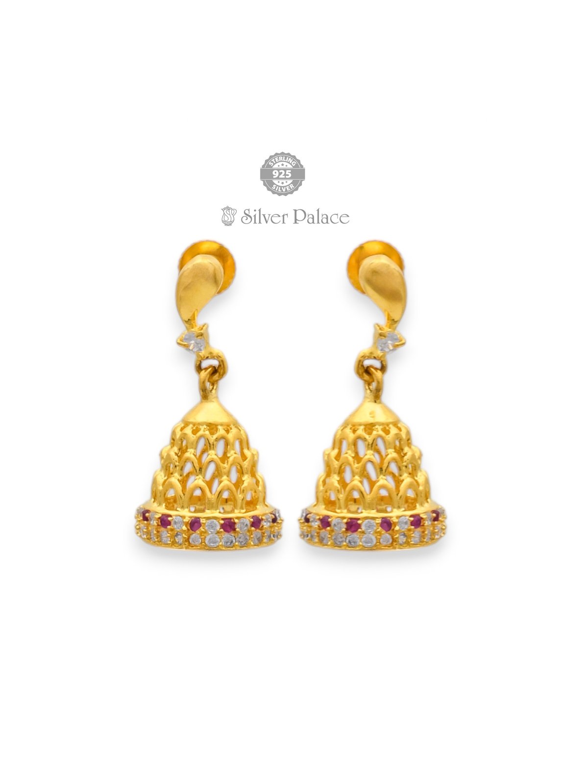 925 SILVER GOLD POLISH PINK AND WHITE STONES JHUMKA FOR YOUR LOVE ANITE COLLECTION 