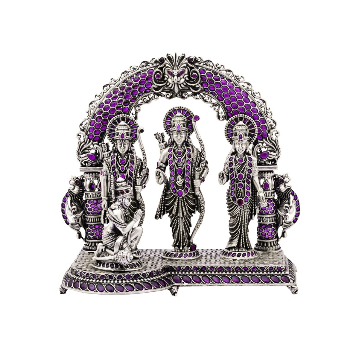 92.5 SILVER RAMA PATTABHISHEKAM IDOL STUDDED WITH RED SPINAL STONES