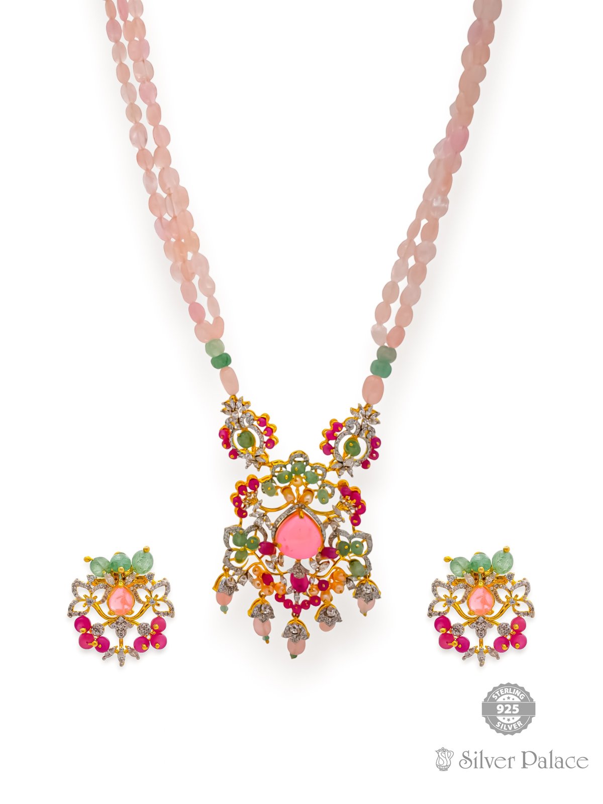 925 SILVER GOLD POLISHED PINK BEADS DESIGN NECKLACESET FOR GIRLS ANITE COLLECTION 